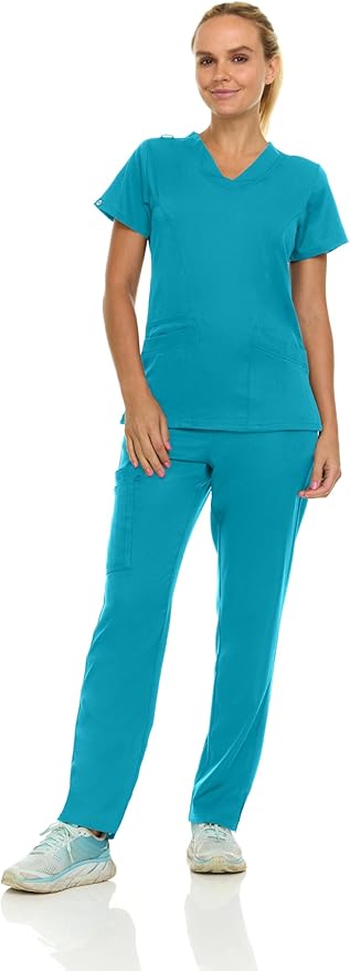 Medichic Eleanor V-Neck Top with Joelle Elastic Drawstring Cargo Pants Scrub Set - Teal