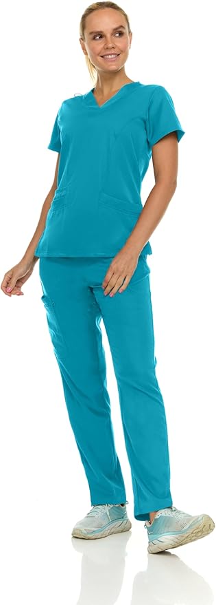 Medichic Eleanor V-Neck Top with Joelle Elastic Drawstring Cargo Pants Scrub Set - Teal