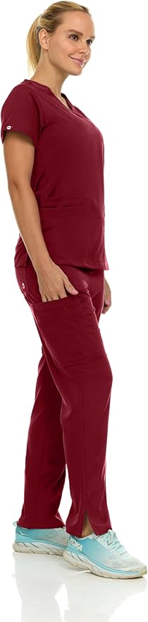Medichic Eleanor V-Neck Top with Joelle Elastic Drawstring Cargo Pants Scrub Set - Wine