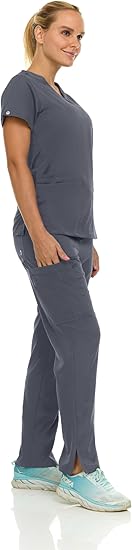 Medichic Eleanor V-Neck Top with Joelle Elastic Drawstring Cargo Pants Scrub Set - Pewter Grey