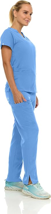 Medichic Eleanor V-Neck Top with Joelle Elastic Drawstring Cargo Pants Scrub Set - Ceil Blue