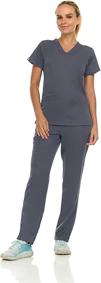 Medichic Eleanor V-Neck Top with Joelle Elastic Drawstring Cargo Pants Scrub Set - Pewter Grey