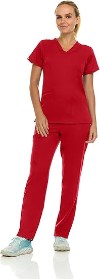 Medichic Eleanor V-Neck Top with Joelle Elastic Drawstring Cargo Pants Scrub Set - Red