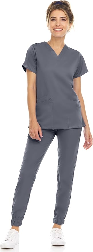 Medichic Eleanor V-Neck Top with Leah Elastic Waist Cargo Jogger Pants Scrub Set - Pewter Grey