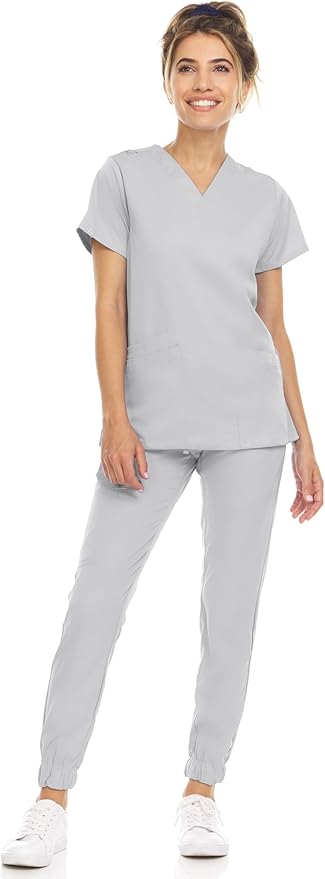 Medichic Eleanor V-Neck Top with Leah Elastic Waist Cargo Jogger Pants Scrub Set - Silver Grey