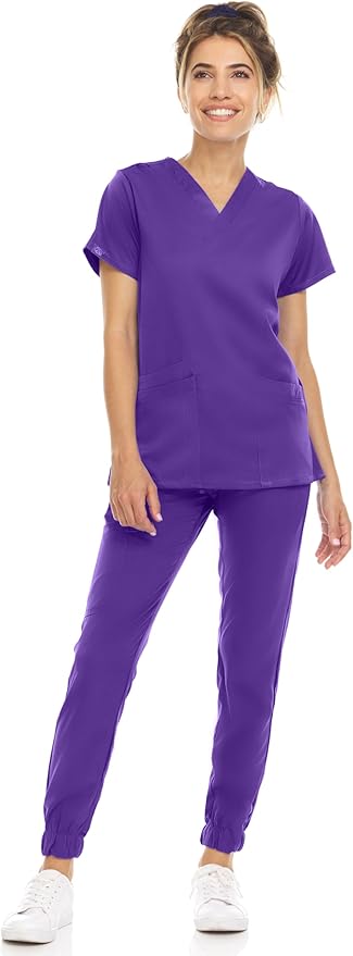 Medichic Eleanor V-Neck Top with Leah Elastic Waist Cargo Jogger Pants Scrub Set - Grape