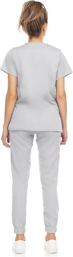 Medichic Eleanor V-Neck Top with Leah Elastic Waist Cargo Jogger Pants Scrub Set - Silver Grey
