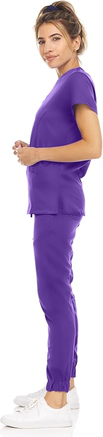 Medichic Eleanor V-Neck Top with Leah Elastic Waist Cargo Jogger Pants Scrub Set - Grape