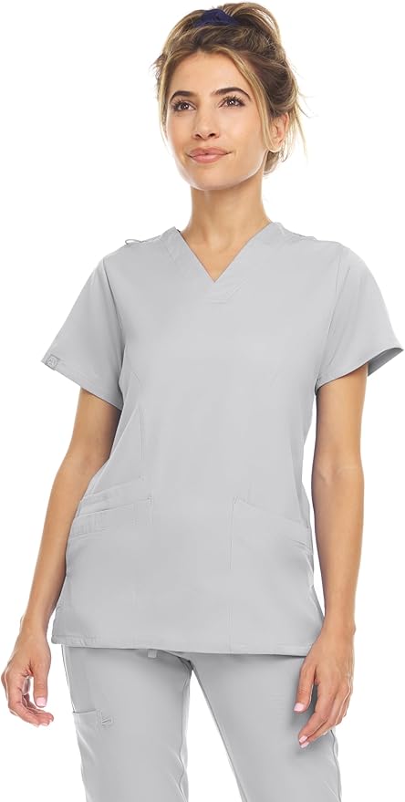 Medichic Eleanor V-Neck Top with Leah Elastic Waist Cargo Jogger Pants Scrub Set - Silver Grey
