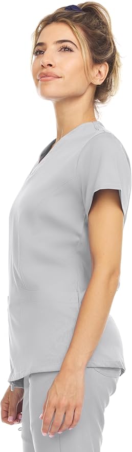 Medichic Eleanor V-Neck Top with Leah Elastic Waist Cargo Jogger Pants Scrub Set - Silver Grey