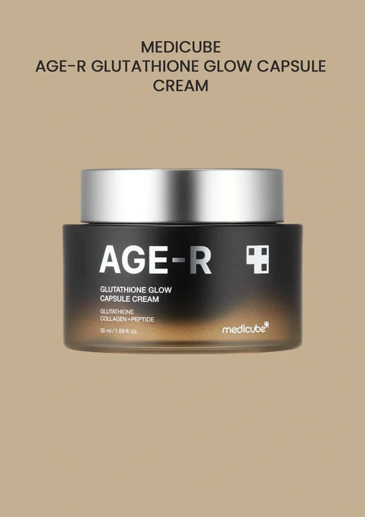 Medicube AGE-R Glutathione Glow Capsule Cream jar on a beige background