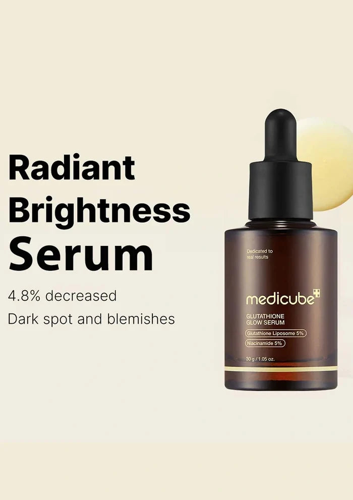 Radiant Brightness Serum bottle with dropper on a beige background