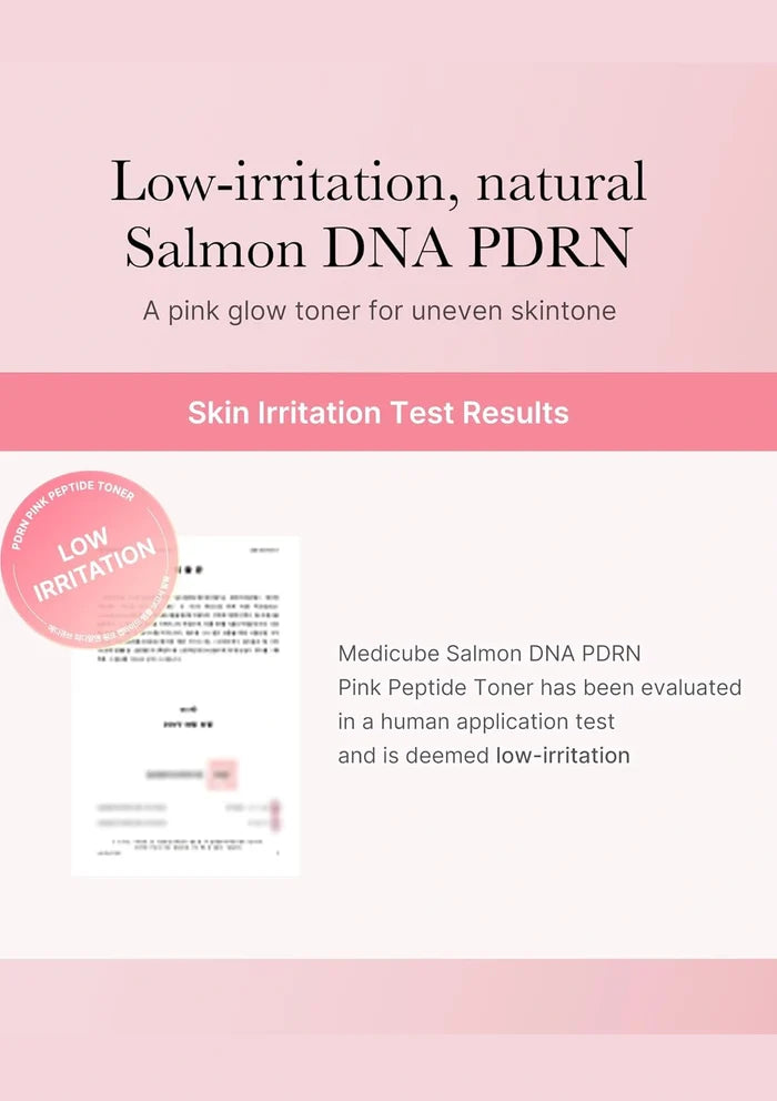 Product packaging for Medicube Salmon DNA PDRN Pink Peptide Toner with skin irritation test results on a pink background.