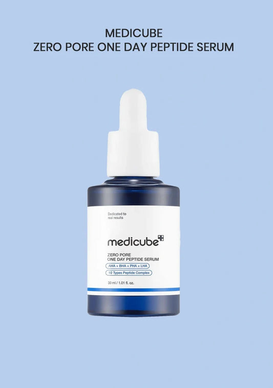 Medicube Zero Pore One Day Peptide Serum bottle on a light blue background