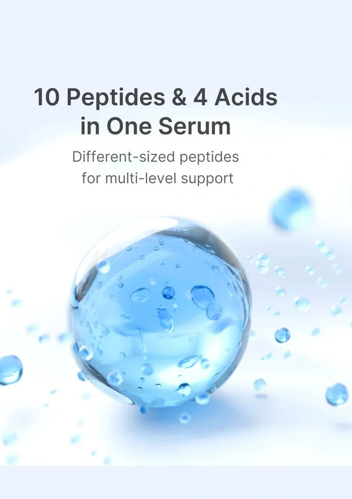 Serum droplet with text about peptides and acids on a light blue background