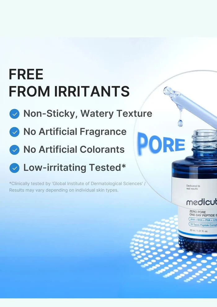 Bottle of skincare product with text highlighting features on a blue and white background