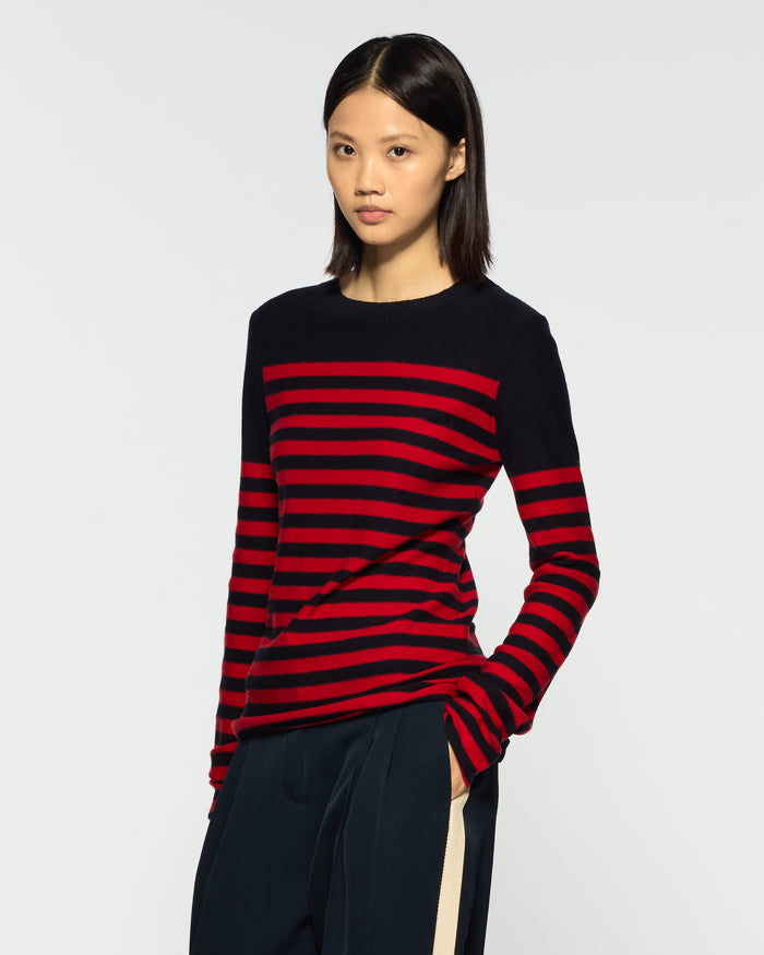 Merino Wool Striped Fitted Jumper - Navy Blue / Red