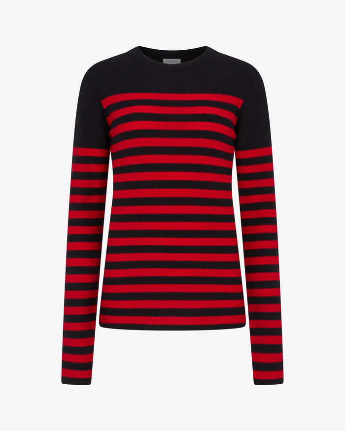 Merino Wool Striped Fitted Jumper - Navy Blue / Red