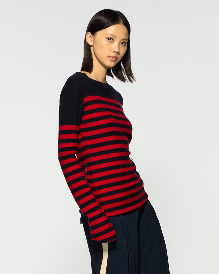 Merino Wool Striped Fitted Jumper - Navy Blue / Red
