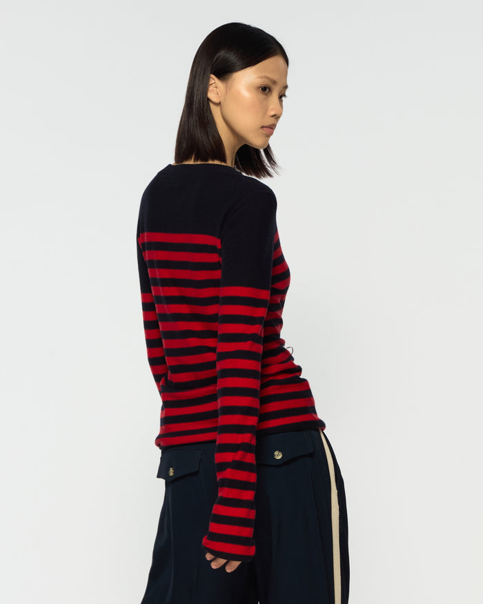 Merino Wool Striped Fitted Jumper - Navy Blue / Red