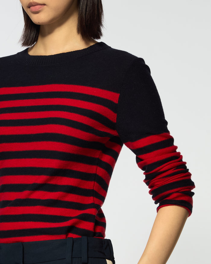 Merino Wool Striped Fitted Jumper - Navy Blue / Red