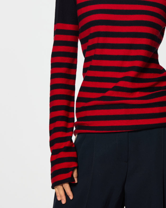 Merino Wool Striped Fitted Jumper - Navy Blue / Red