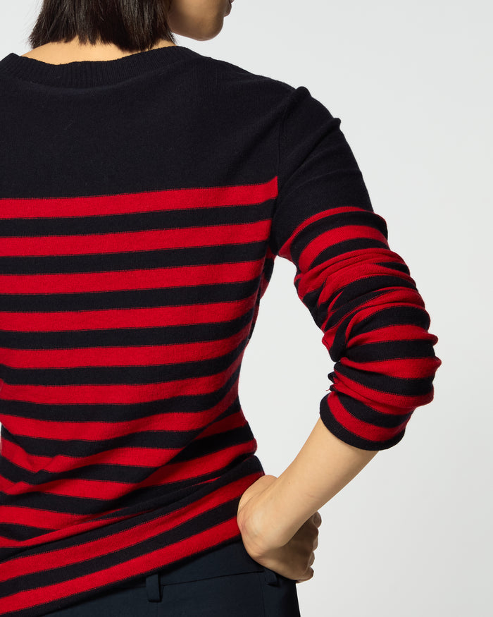 Merino Wool Striped Fitted Jumper - Navy Blue / Red