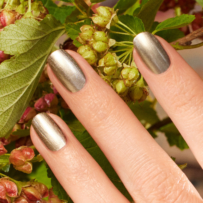 A close-up of a hand with Manucurist Metallic cool-toned, shiny silver nails holds a cluster of green and reddish berries, with leaves in the background.