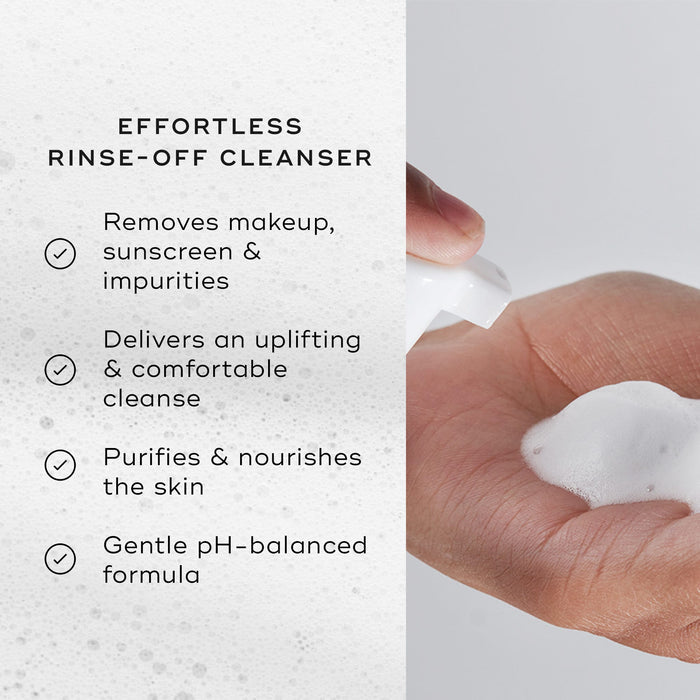 A split image featuring the foam texture application alongside a list of benefits, including "Removes makeup, sunscreen & impurities" and "Purifies & Nourishes the skin."