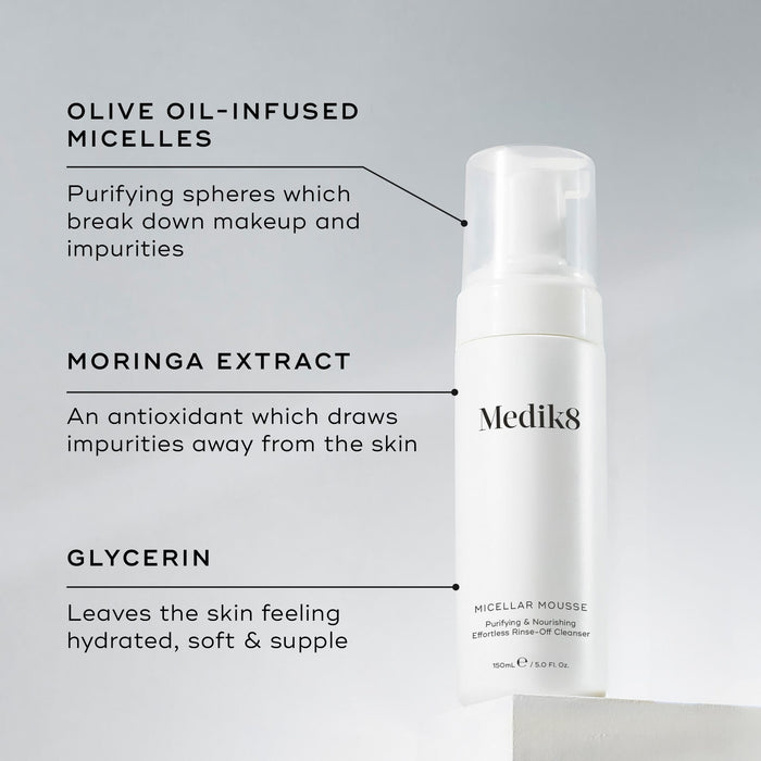 A Medik8 Micellar Mousse bottle displayed on a white block. Lines connect the bottle to text explaining key ingredients: "Olive Oil-Infused Micelles" to break down makeup, "Moringa Extract" to draw out impurities, and "Glycerin" for hydration.