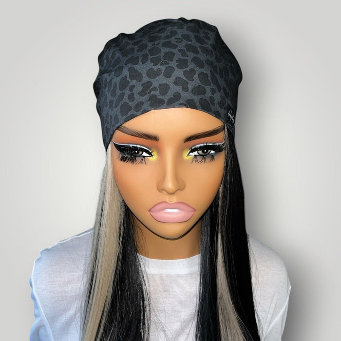 Midnight Leopard Satin - Lined Tie Back Scrub Cap - Nursecaresuites - Online Healthcare BoutiqueScrub Capblack scrub capbreathable scrub capgrey leopard scrub cap