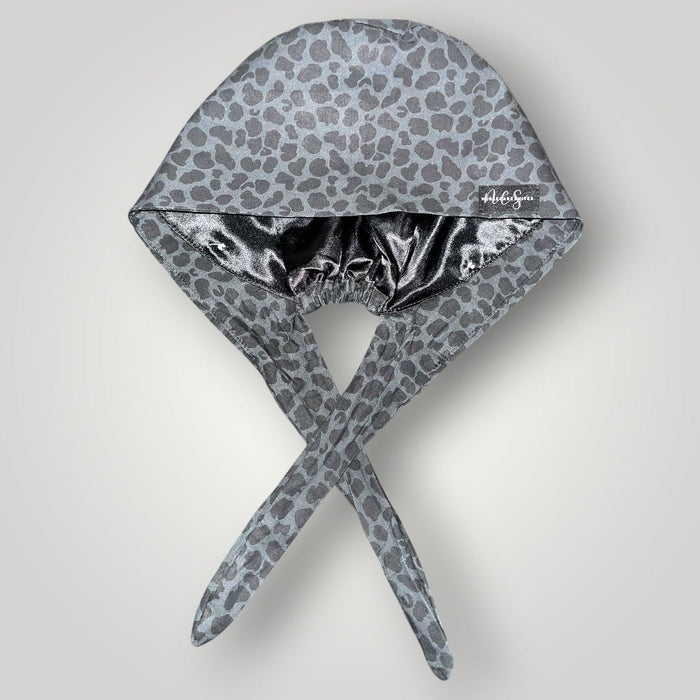Midnight Leopard Satin - Lined Tie Back Scrub Cap - Nursecaresuites - Online Healthcare BoutiqueScrub Capblack scrub capbreathable scrub capgrey leopard scrub cap