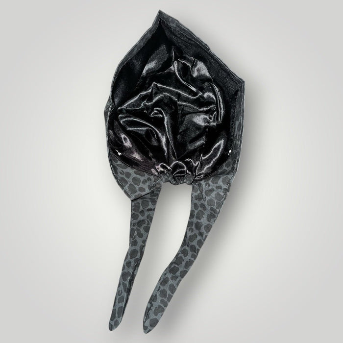 Midnight Leopard Satin - Lined Tie Back Scrub Cap - Nursecaresuites - Online Healthcare BoutiqueScrub Capblack scrub capbreathable scrub capgrey leopard scrub cap
