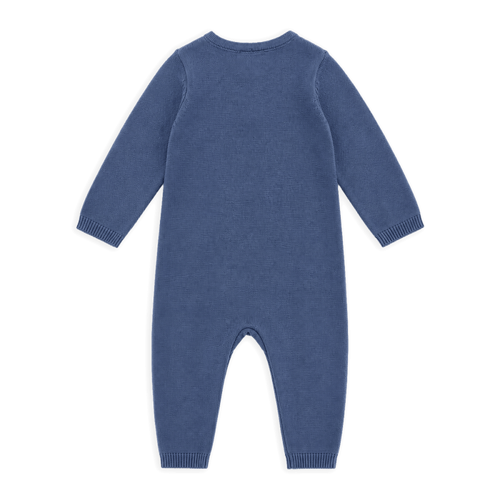 Dusty Blue Organic Cotton Milan Earthy Knit Kangaroo Pocket Jumpsuit, Back
