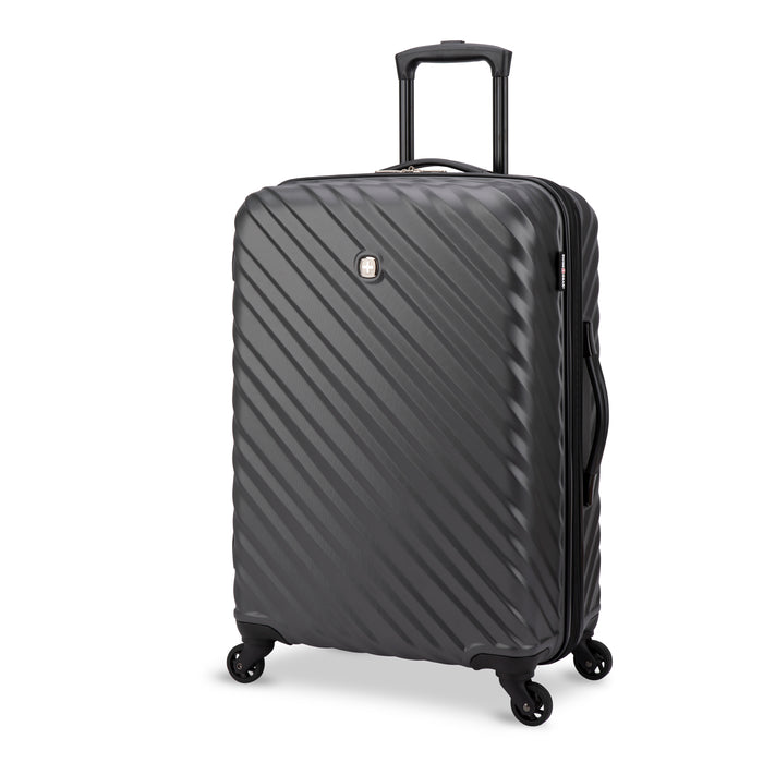 Front side view of a black hard side luggage called MOD designed by Swiss Gear sold at Bentley, showcasing its telescopic handle and resistant-absorbant texture.