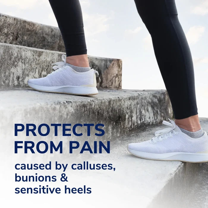 Molefoam padding strips for feet, shown with athletic shoes on steps