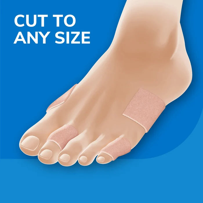 Beige Molefoam padding strip on toes, cushioning pad close-up
