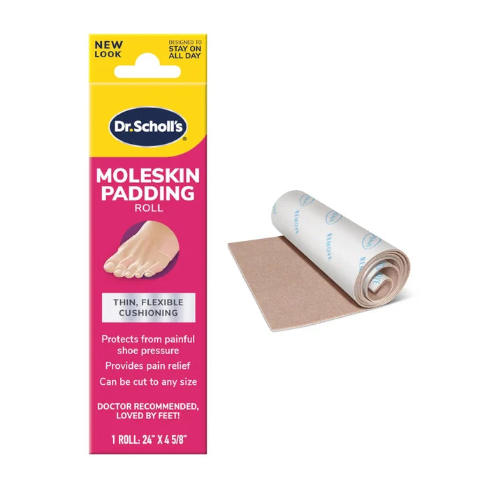 Dr. Scholl's moleskin padding roll retail package, thin flexible cushioning for feet