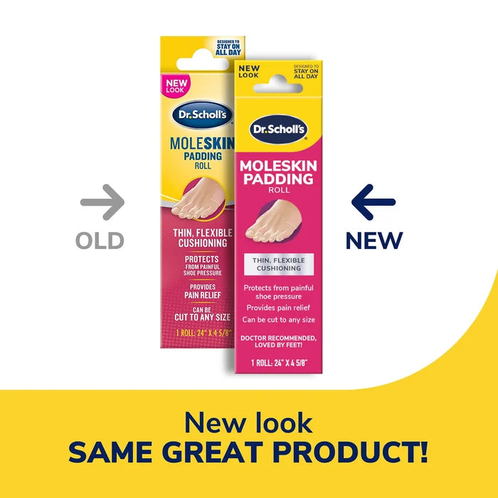 Dr. Scholl's moleskin padding roll package showing old vs new look