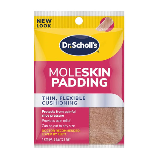 Moleskin padding strips pack with Dr. Scholl's branding and thin, flexible cushioning