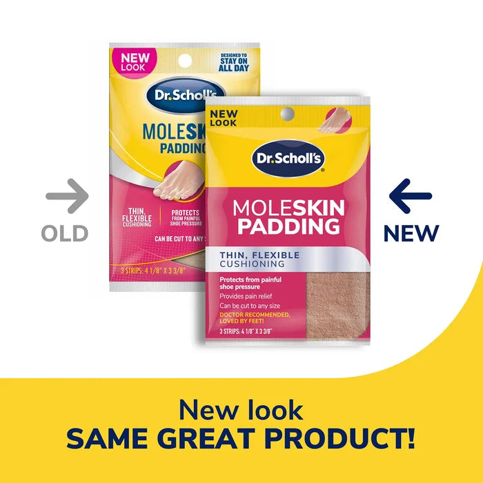 Moleskin padding strips two-pack comparison, old vs new look on retail packages