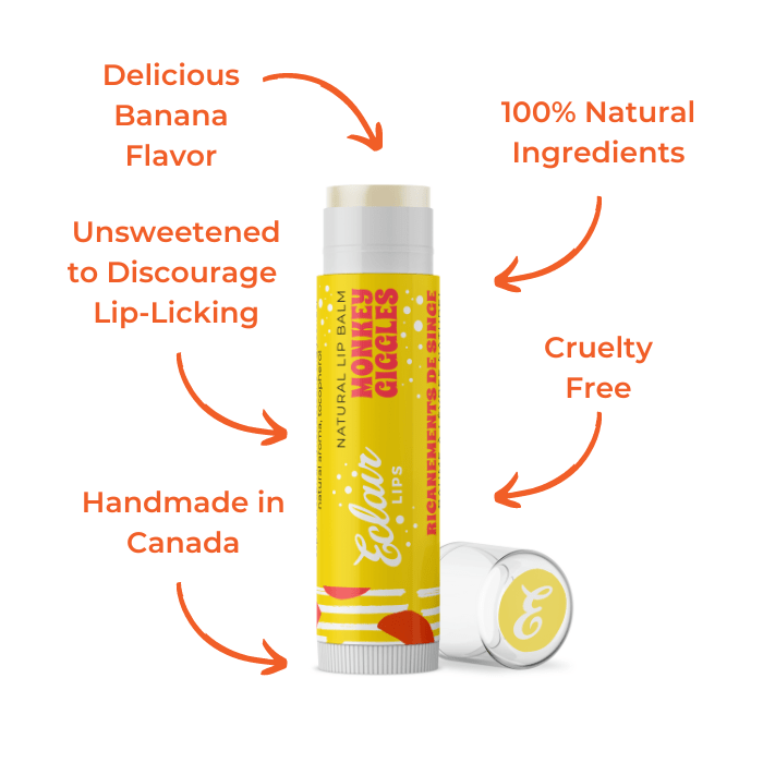 Eclair Lips Monkey Giggles lip balm with banana flavor, natural ingredients,...