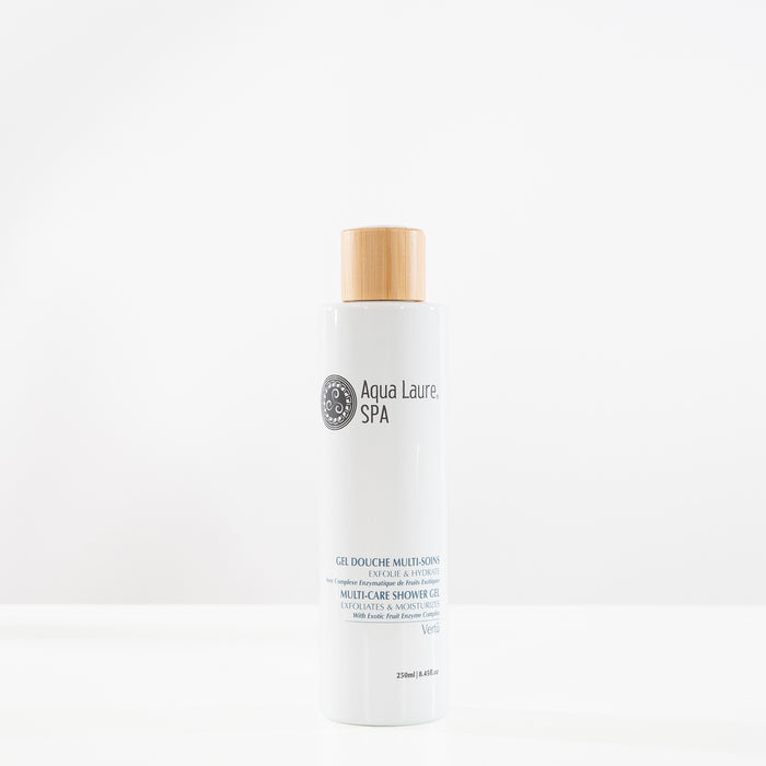 Aqua Laure SPA Multi-Care Shower Gel with Exotic Fruit Enzyme Complex, exfoliates and moisturizes skin in 250ml bottle with bamboo cap