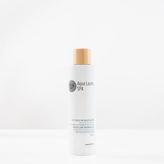 Aqua Laure SPA Multi-Care Shower Gel with Exotic Fruit Enzyme Complex, exfoliates and moisturizes skin in 250ml bottle with bamboo cap