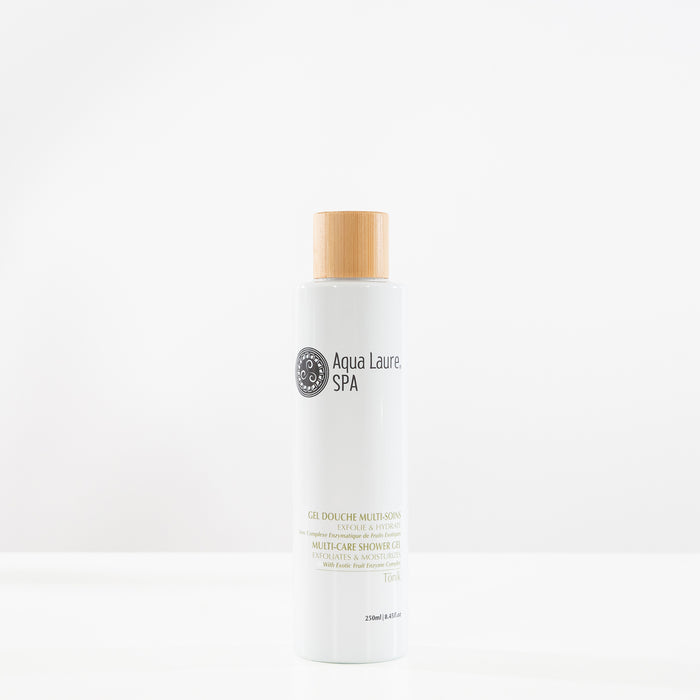 Aqua Laure SPA Multi-Care Shower Gel with Exotic Fruit Enzyme Complex, exfoliates and moisturizes skin in 250ml bottle with bamboo cap