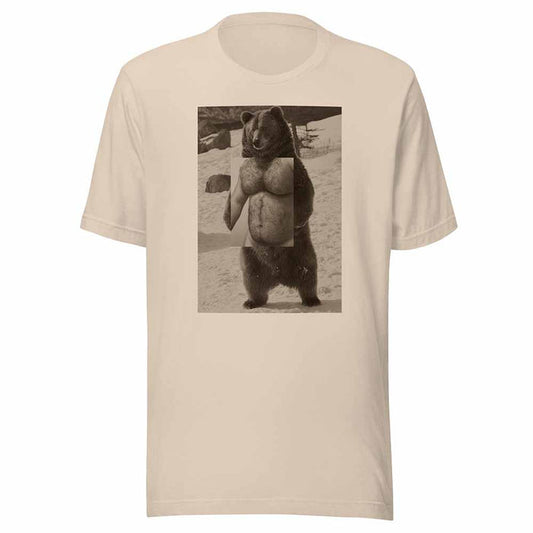 Beige t-shirt with a graphic of a bear on a white background