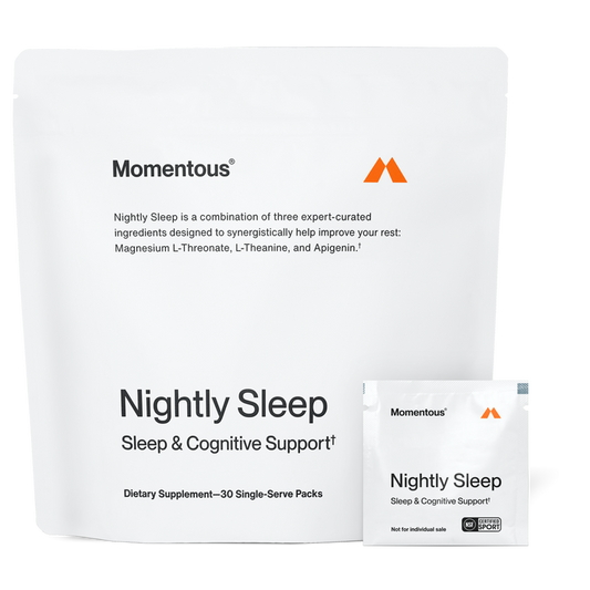 White bag labeled “Momentous Nightly Sleep Sleep & Cognitive Support† Dietary Supplement—30 Single-Serve Packs” with text describing magnesium L-threonate, L-theanine, and apigenin, shown with one packet labeled “Not for individual sale.”