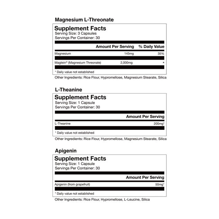 Magnesium L-Threonate supplement facts label on light gray. Serving Size 3 capsules, 30 servings per container. Per serving: Magnesium 145mg (35%); Magtein® (magnesium threonate) 2000mg. Daily value not established for Magtein®. Other ingredients: rice flour, hypromellose, magnesium stearate, silica.

L-Theanine supplement facts label on light gray. Serving Size 1 capsule, 30 servings per container. Per serving: L-theanine 200mg. Daily value not established. Other ingredients: rice flour, hyprom