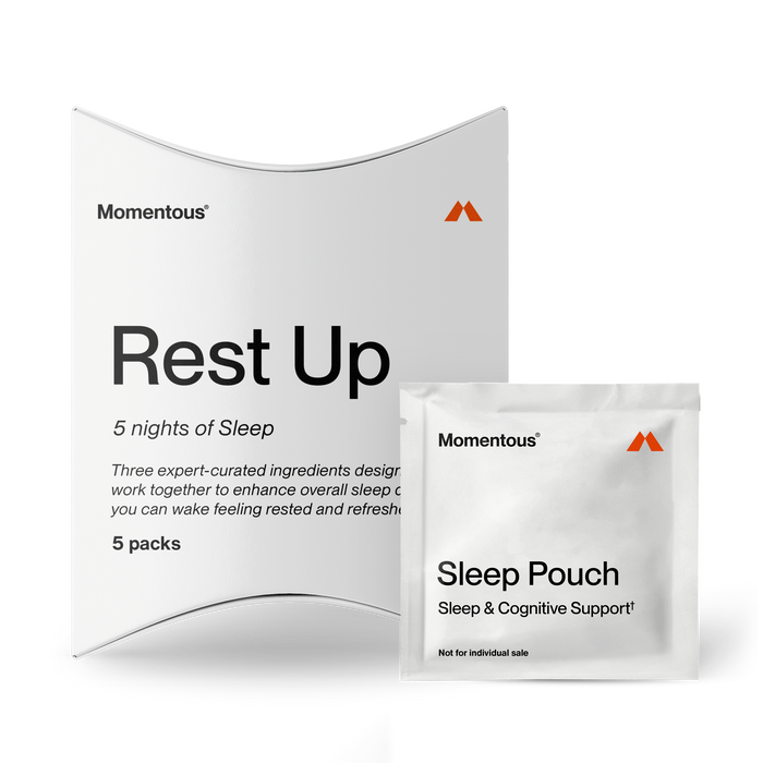 Momentous Rest Up Sleep 5-pack with outer carton and individual Sleep Pouch packet for five nights of sleep support.