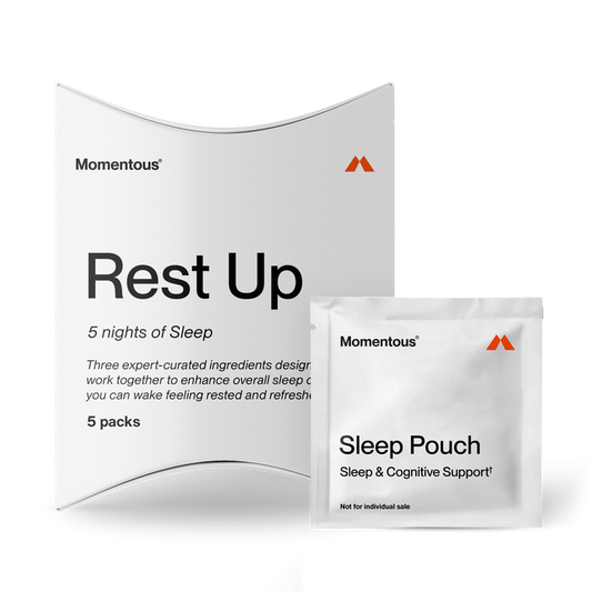 Momentous Rest Up Sleep 5-pack with outer carton and individual Sleep Pouch packet for five nights of sleep support.